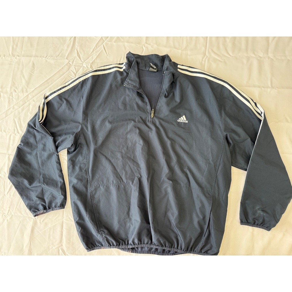 Adidas Track Windbreaker Pullover Mens 2XL Black 1/4 Zip 3-Stripe Mesh Lined